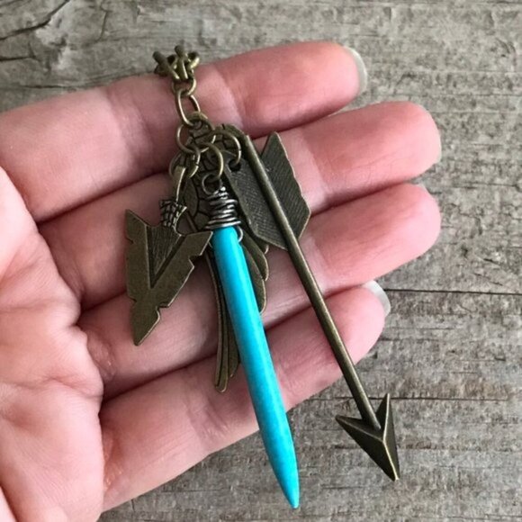 Turquoise Spike Antique Brass Charm Necklace - 24 Inch Chain - Picture 3 of 5